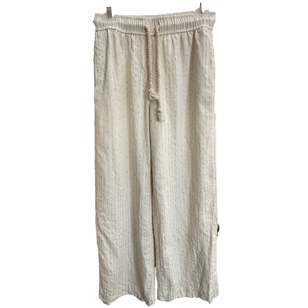 House of Harlow Linen Blend Drawstring Pants X-Small Lined Striped Cream Gold